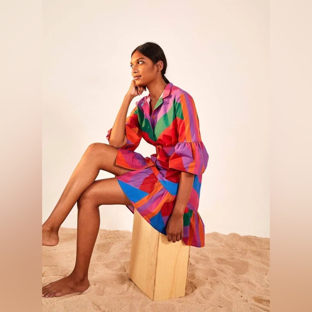 FARM Rio Amanda Stripes Mini Ruffle Buttoned Mock Neck Bell Sleeve Dress - Picture 11 of 15